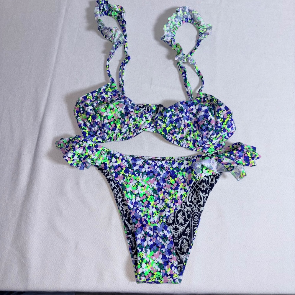 Maaji Reversible Ruffle Bikini Set Small blue black floral Underwire High Leg